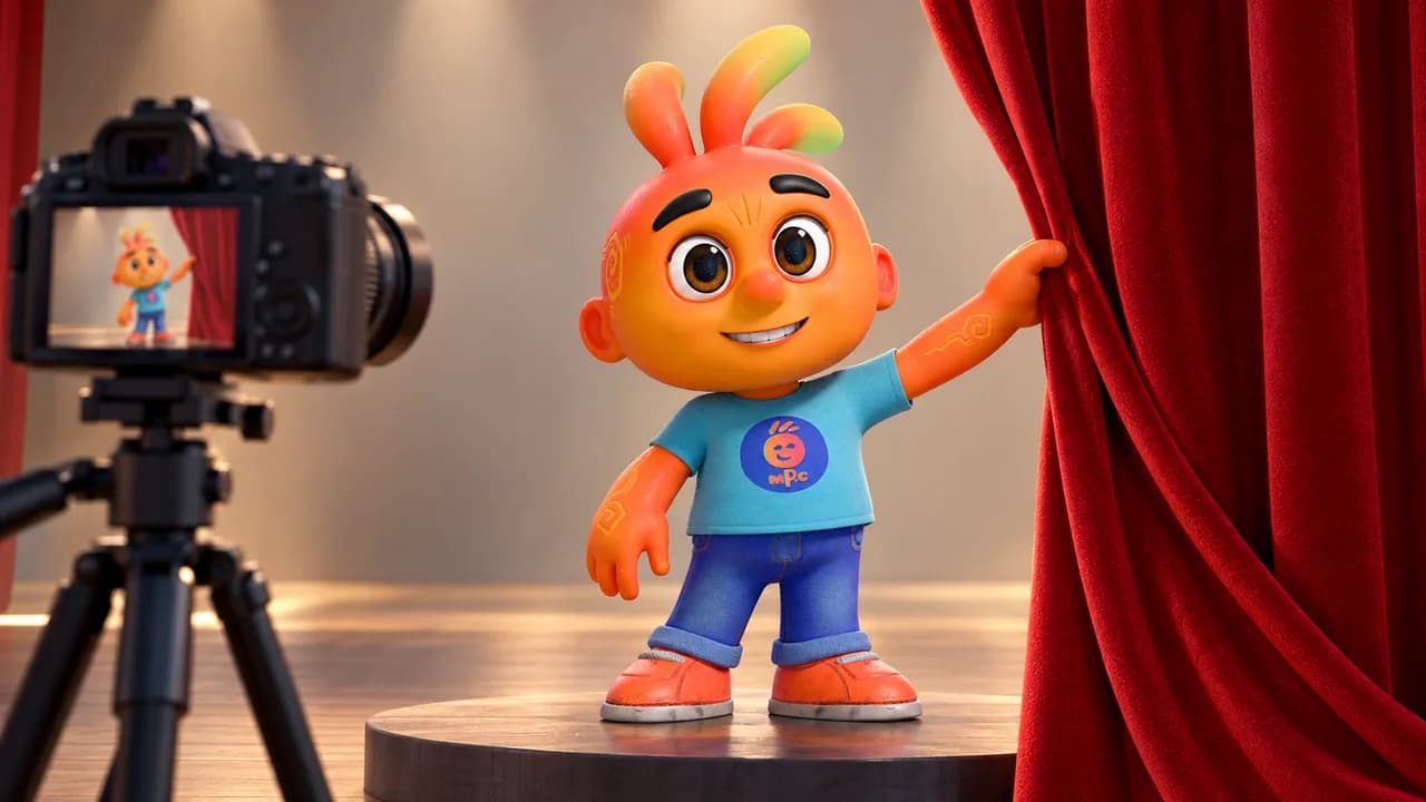 Mascote 3D levantando uma cortina em um pequeno palco, ao lado de um tripé de câmera, preparando sua estreia.