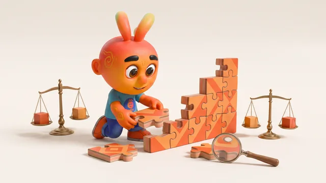 Mascote 3D montando peças de quebra-cabeça em degraus crescentes ao lado de uma balança equilibrada e uma lupa.