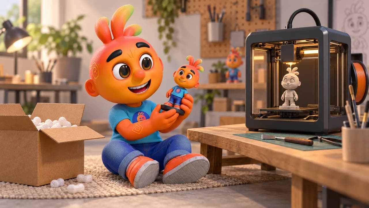 Personagem mascote sentado segurando uma miniatura de si mesmo em resina, ao lado de uma impressora 3D produzindo outra cópia.