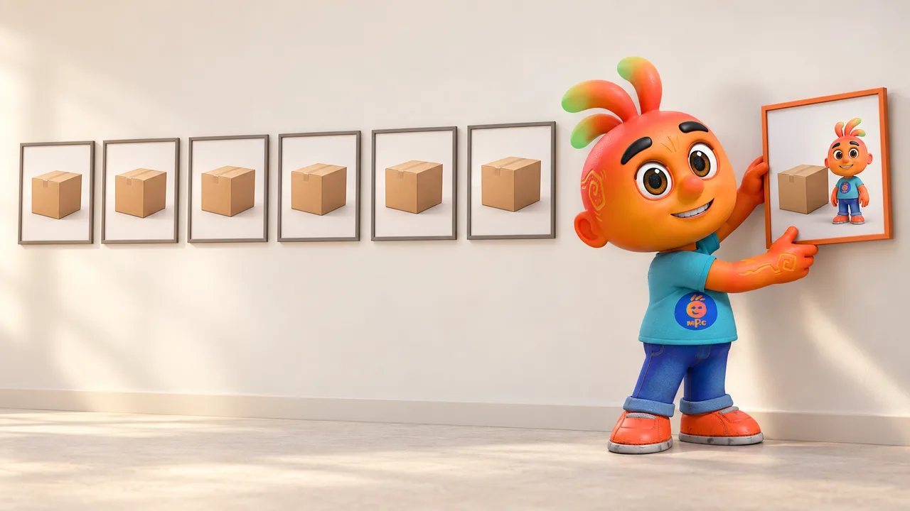 Personagem 3D pendura uma moldura nova ao fim de uma fileira de molduras com a mesma caixa de produto repetida na parede de um estúdio.
