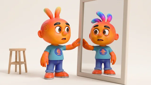 Personagem 3D em frente a um espelho cujo reflexo tem cores de cabelo levemente diferentes, expressando dúvida.