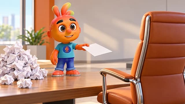 Personagem mascote entrega uma folha única sobre mesa de reunião, com pilha de papéis amassados afastada ao lado.