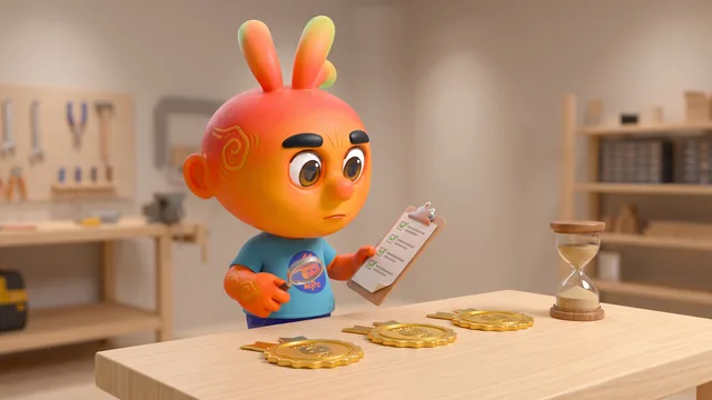 Personagem mascote examina selos dourados com uma lupa sobre uma bancada, ao lado de uma ampulheta e uma prancheta.