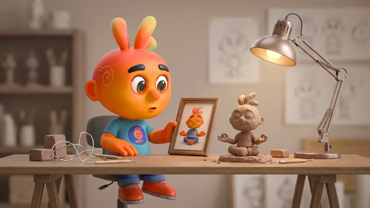 Personagem mascote na bancada segura uma foto emoldurada ao lado de uma escultura de argila em formação sob a luz de uma luminária.