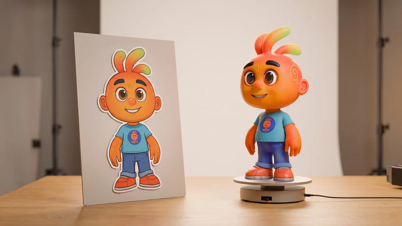 Personagem mascote 3D sobre uma base giratória ao lado de um recorte plano e imóvel de si mesmo.
