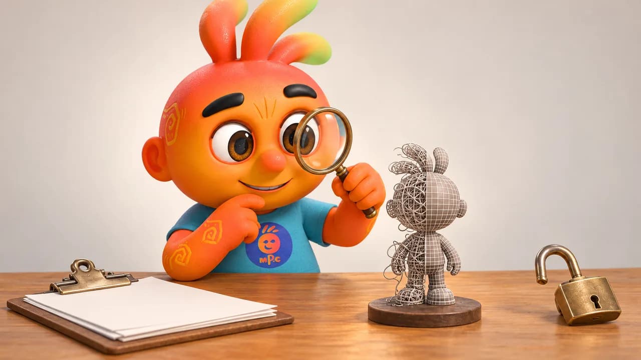Personagem inspeciona com uma lupa um miniatura 3D de malha irregular, ao lado de uma prancheta vazia e um cadeado aberto.
