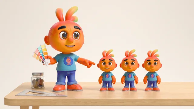 Personagem 3D sobre uma mesa ao lado de três réplicas idênticas de si, segurando um cartão de cores e conferindo a consistência.