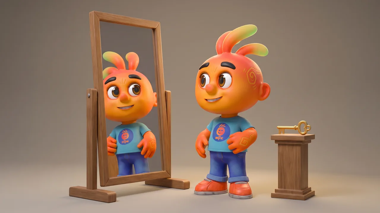 Personagem mascote 3D diante de um espelho que reflete sua imagem idêntica, ao lado de uma chave dourada sobre um pedestal.