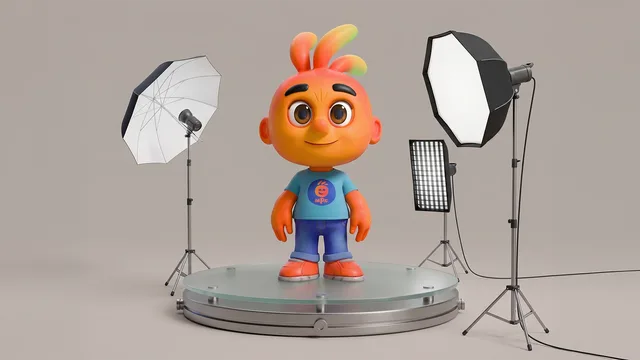 Personagem 3D sobre uma base giratória em um estúdio fotográfico, cercado por refletores e softboxes de iluminação.