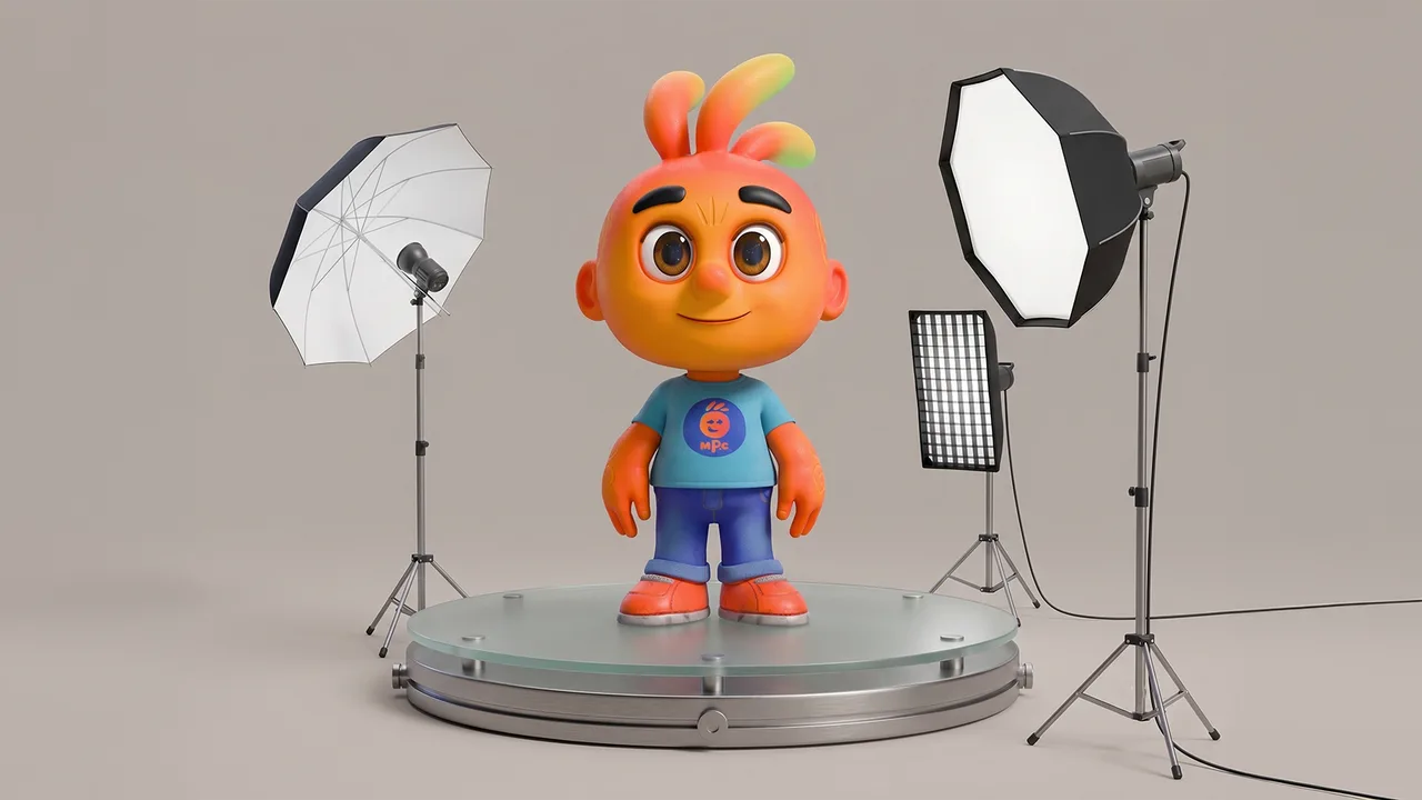 Personagem 3D sobre uma base giratória em um estúdio fotográfico, cercado por refletores e softboxes de iluminação.