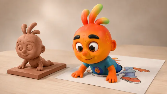Personagem 3D emergindo de um desenho plano em papel, com uma escultura de argila da mesma pose ao lado.