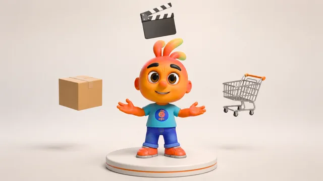 Personagem 3D sobre um pedestal, com os braços abertos, cercado por uma caixa de papelão, uma claquete de cinema e um carrinho de compras flutuantes.