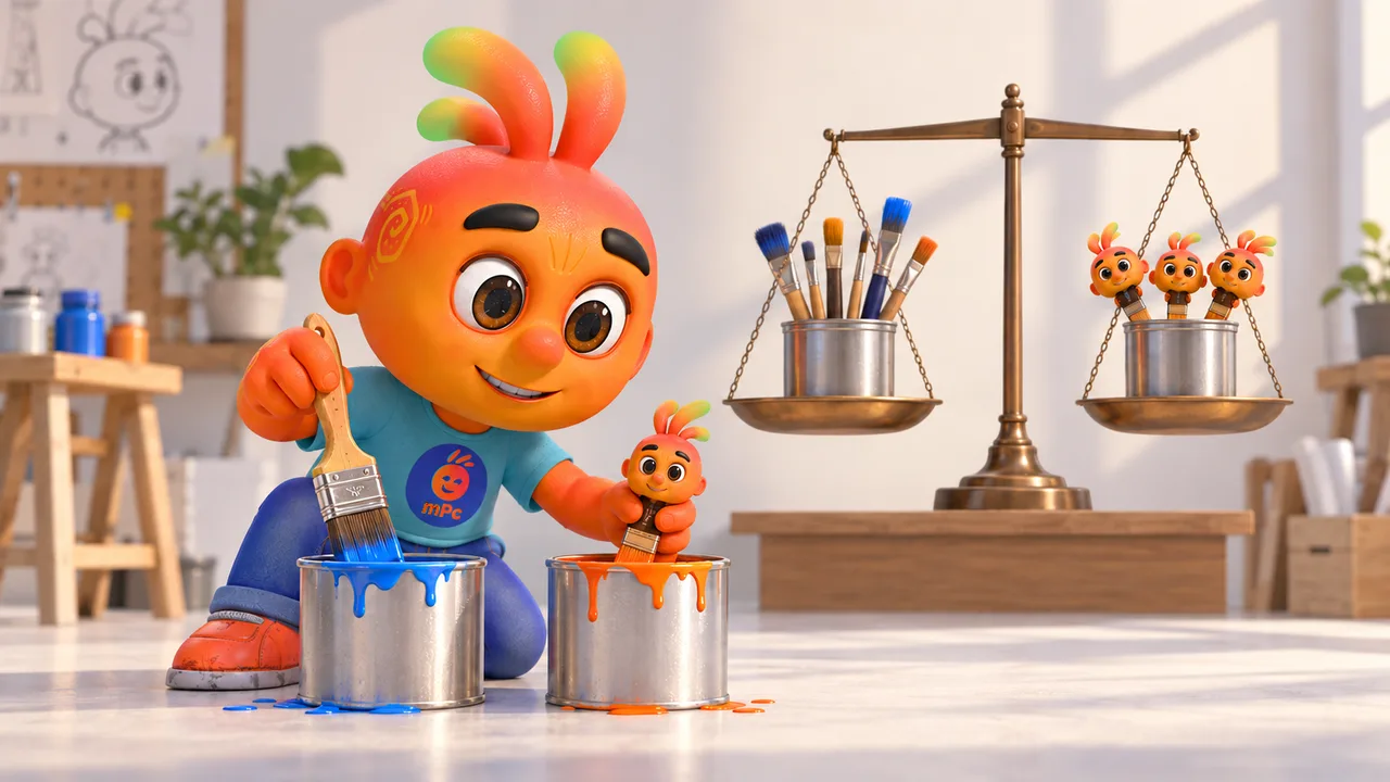 Personagem 3D equilibra dois potes de tinta idênticos numa balança, um com pincel comum e outro