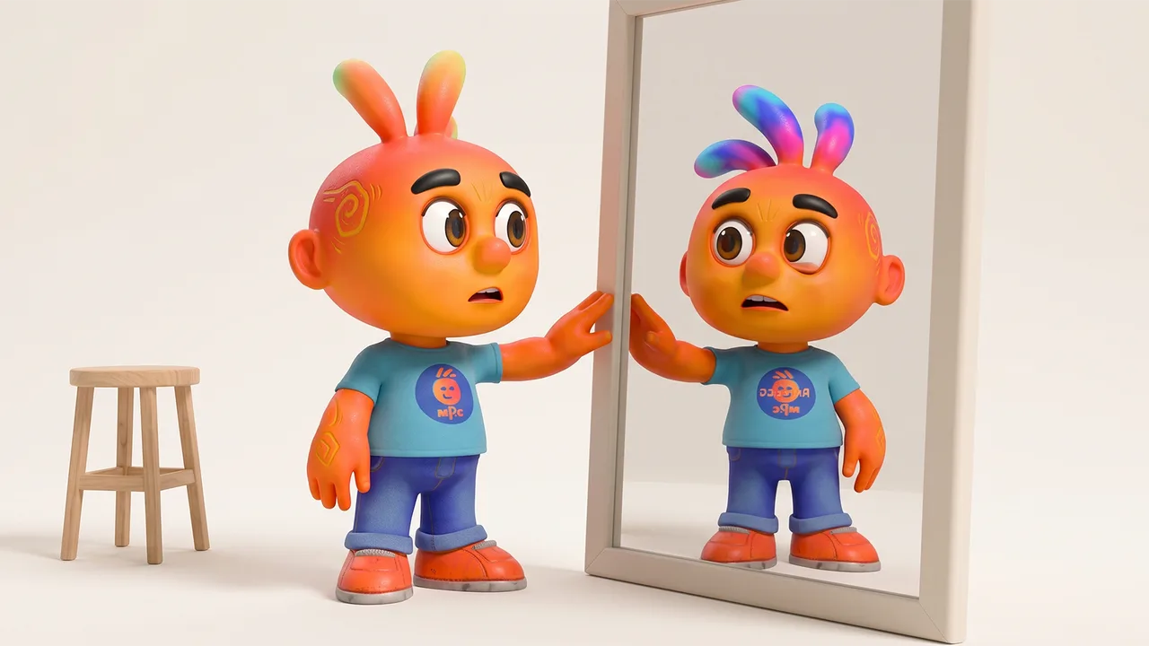 Personagem 3D em frente a um espelho cujo reflexo tem cores de cabelo levemente diferentes, expressando dúvida.