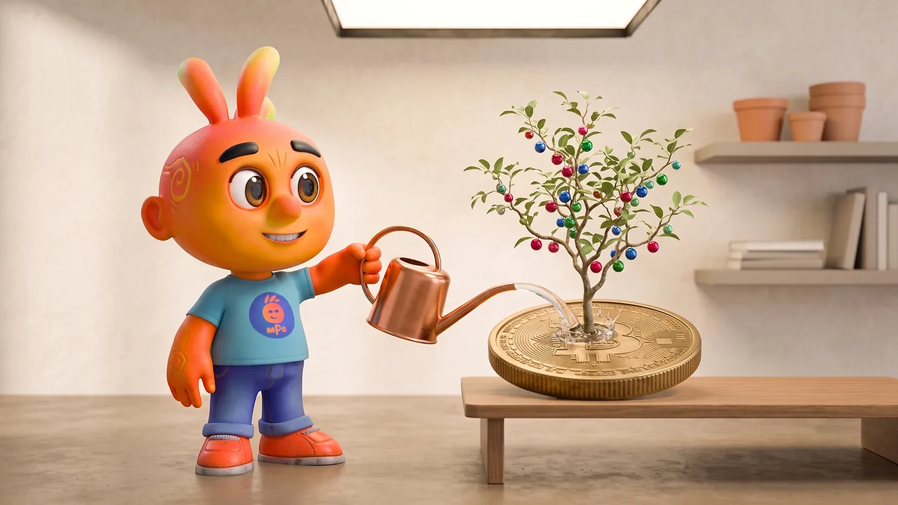 Personagem 3D regando uma pequena árvore com frutos coloridos, plantada em um vaso em formato de moeda gigante.