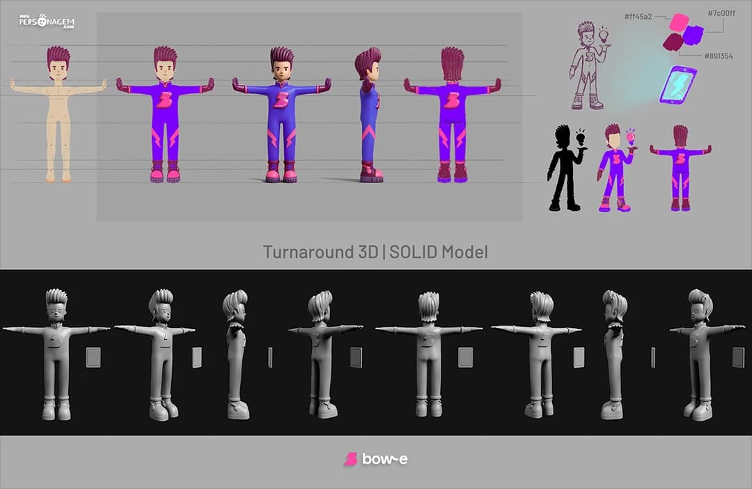 Turnaround 3D e blocagem do sculpt de um personagem, com paleta de cores e exploração de conceito ao lado